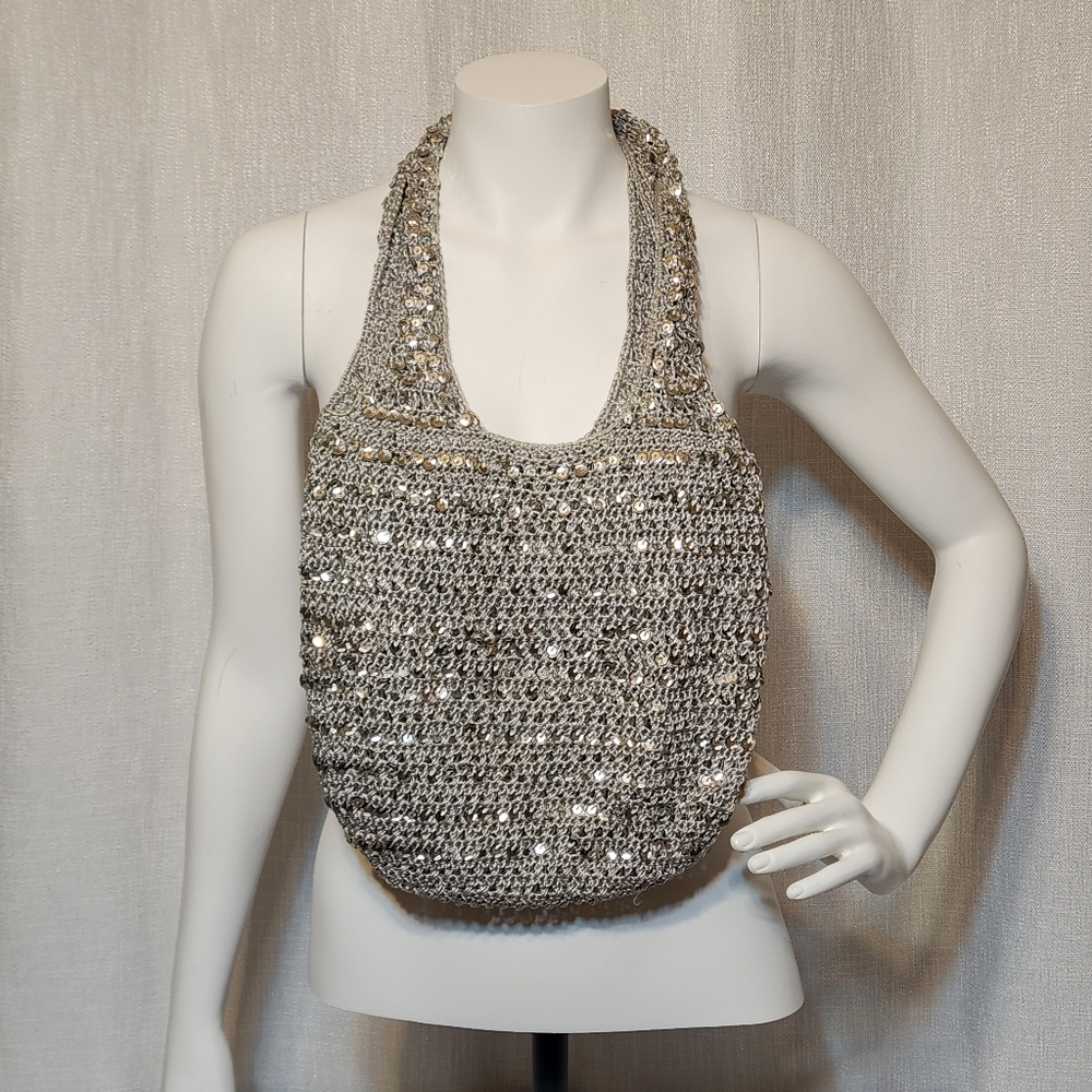 Sequins Carry Sack Tote Gray Unlined Open Bag Glam New Years Party